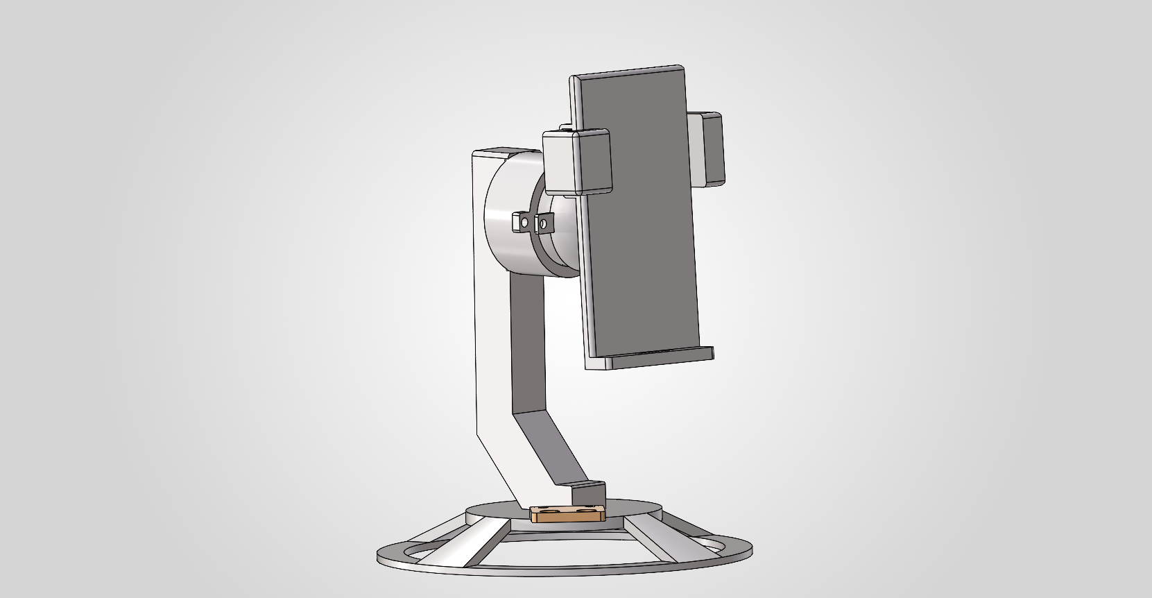 Assembled phone holder CAD model showing a circular base, upright support, and phone cradle